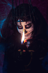 skull makeup halloween dark terror woman lady darkness vampire darkness candles mistery