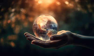 Hands holding earth global over blurred abstract nature background, generative AI