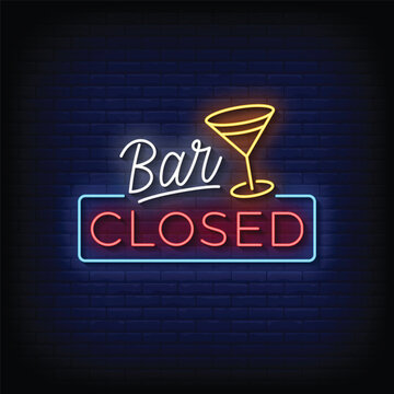 Neon Sign bar closed with brick wall background vector