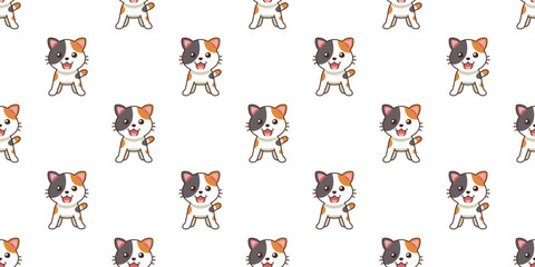 Vector cartoon character calico cat seamless pattern background for design.