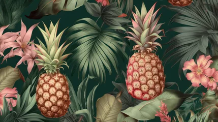 Fotobehang Floral Fruity Pineapple and  Hibiscus Print . Hawaiian shirt pattern. generative AI © Roman