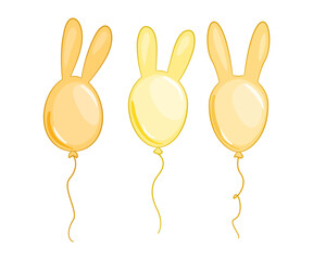 Kolorowe baloniki z króliczymi uszami. Wielkanocna dekoracja. Trzy żółte balony. Balon - królik. Wektorowa ilustracja. - obrazy, fototapety, plakaty
