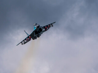 Moscow Russia Zhukovsky Airfield 25 July 2021: aerobatic MiG-35 perfoming demonstration flight of the international aerospace salon MAKS-2021
