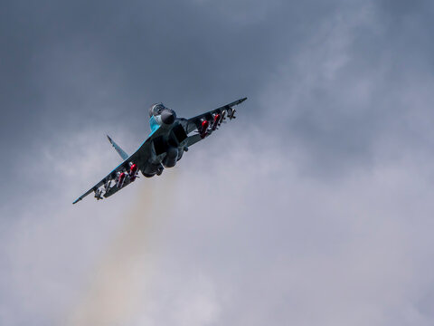 Moscow Russia Zhukovsky Airfield 25 July 2021: aerobatic MiG-35 perfoming demonstration flight of the international aerospace salon MAKS-2021