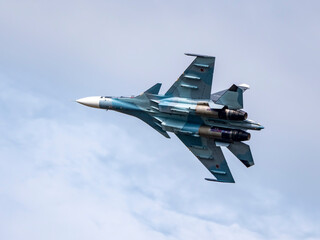 Moscow Russia Zhukovsky Airfield 25 July 2021: aerobatic Su-30 perfoming demonstration flight of...