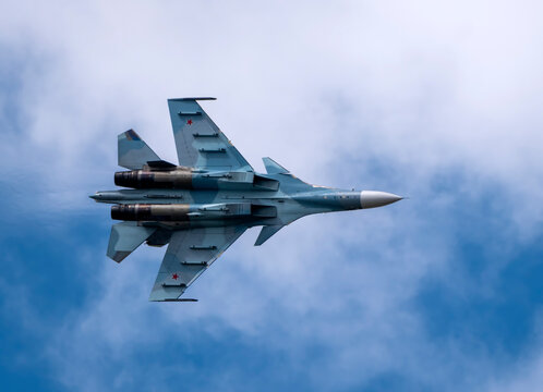 Moscow Russia Zhukovsky Airfield 25 July 2021: aerobatic Su-30 perfoming demonstration flight of the international aerospace salon MAKS-2021