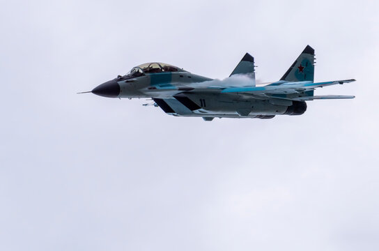 Moscow Russia Zhukovsky Airfield 25 July 2021: aerobatic MiG-35 perfoming demonstration flight of the international aerospace salon MAKS-2021