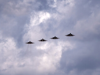 MOSCOW, RUSSIA - MAY 7, 2021: Avia parade in Moscow. Sukhoi Su-57 in the sky on parade of Victory in World War II in Moscow, Russia