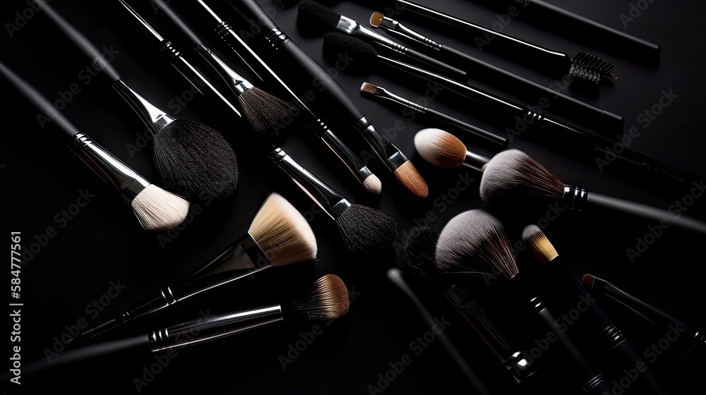 Wall mural makeup essentials. set of professional makeup brush and shadows on dark black background. place for 