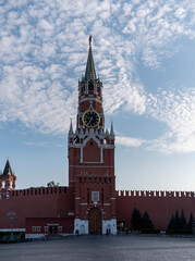 MOSCOW , RUSSIA, June 10, 2022: Ruby star on the spire of the Spasskaya Tower of the Moscow Kremlin on June 10, 2022 in Moscow, Russia