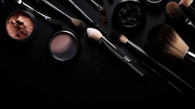 Makeup essentials. Set of professional makeup brush and shadows on dark black background. Place for your text or logo. Ideal for beauty blog. Flat lay