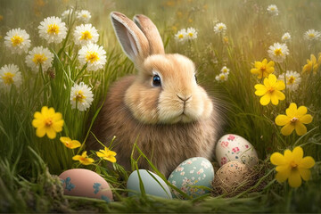 Big rabbit on easter eggs. Ai generated.