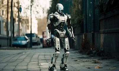 Fototapeta na wymiar Android robot walk on a street, generative AI