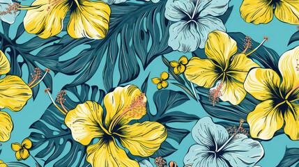  floral hibiscus  background .Hawaiian shirt fabric pattern . generative AI - obrazy, fototapety, plakaty