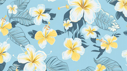 seamless floral white  hibiscus  background .Hawaiian shirt fabric pattern . generative AI