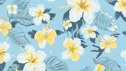 Kussenhoes seamless floral white  hibiscus  background .Hawaiian shirt fabric pattern . generative AI © Roman
