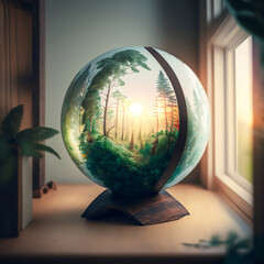 Beautiful forest in a globe on a table beside a window. 3d rendering of crystal ball preserving nature life inside. AI generated art illustration