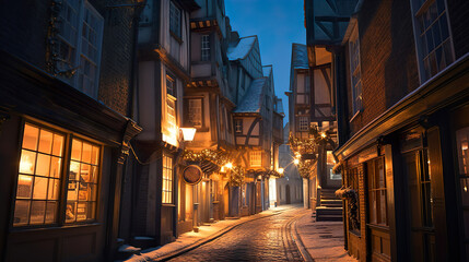Street of a cozy old town with evening lights.  Generative AI