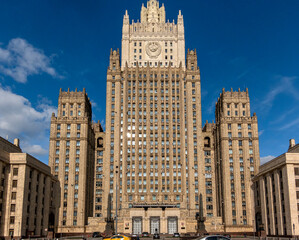 Fototapeta na wymiar MOSCOW, RUSSIA - JULE 27 2022: The main building of Ministry of Foreign Affairs is one of the famous seven skyscrapers, built in Stalinist style, on Jule 27, 2022 in Moscow, Russi