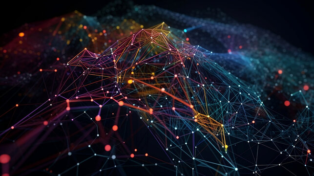 A visually striking image featuring an intricate network of interconnected dots and lines, representing the concept of AI technology and the motion of digital data flow.