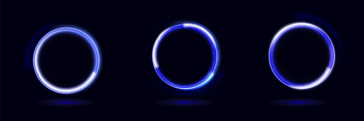 Neon swirl. Curve blue line light effect. Abstract ring background with glowing swirling background. Energy flow tunnel. Blue portal, platform. Magic circle vector.