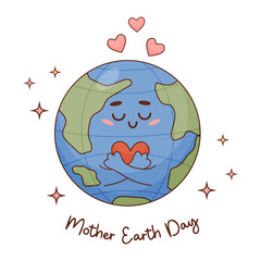Cute cartoon character planet earth with heart. Vector illustration. greeting card for Earth Day in flat childrens style.