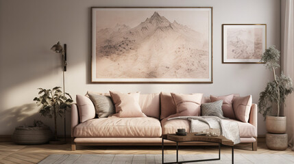 Bohemian Interior Design Style living room in pastel colors mock-up with frame for picture generative ai