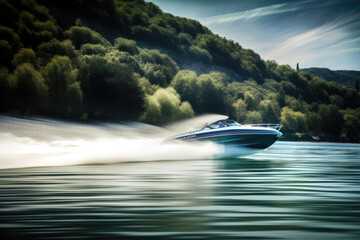 Obraz na płótnie Canvas Motorboat on the lake near the island, speedboat sailing, motor yacht on the summer holiday seascape generative ai