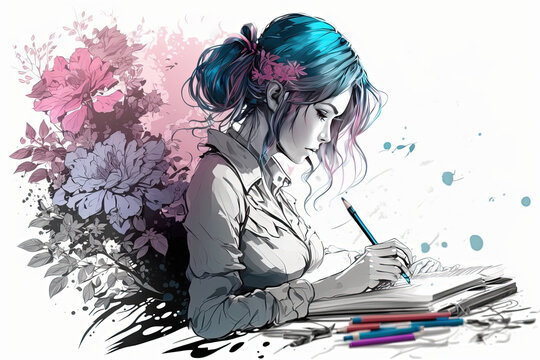 Girl writing a book. Paint art by AI. Ai generated. 