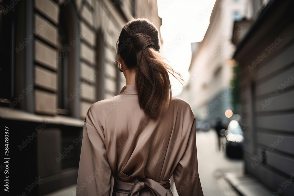 Wall mural  a woman walking down a street in a brown dress with a bow in her hair and a ponytail in her hair, wearing a long sleeveless blouse.  generative ai