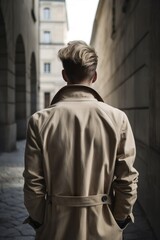 Fototapeta na wymiar a man in a trench coat is walking down a narrow alley way in a city with tall buildings in the background and a narrow alley way leading to the right. generative ai