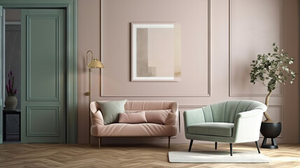 Bohemian Interior Design Style living room in pastel colors mock-up with frame for picture generative ai