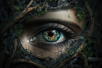 Dark spooky old forest and beautiful witch with black spooky eyes. Ai generated. 
