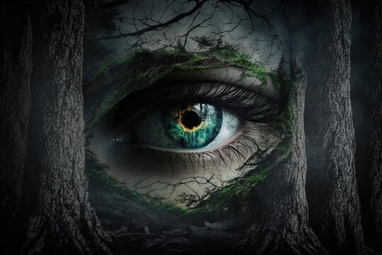 Dark spooky old forest and beautiful witch with black spooky eyes. Ai generated. 
