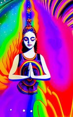 Yoga in a healthy lifestyle. Girl doing yoga as an exercise activity. AI-generated digital illustration, psychedelic style.