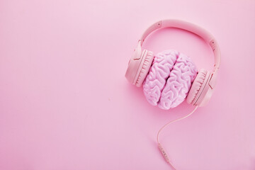 Music brain and musical therapy. Human brain with headphones