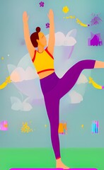  Yoga in a healthy lifestyle. Girl doing yoga as an exercise activity. AI-generated digital illustration.