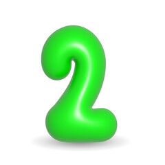 Number Two. 2 Green Balloon 3d illustration. Realistic design element for events. Happy Birthday, Anniversary Party and events. Isolated on white background with alpha channel.