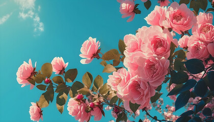 Pink roses flowers blooming brunches on blue sky