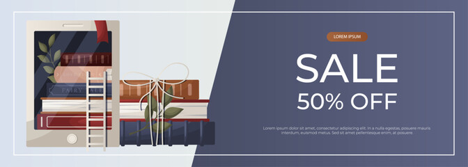 Promo sale banner with electronic ebook reader, stack of books, bow, plant. World book day.  Book heap. Bookstore, bookshop, library, book lover, bibliophile, education. A4 vector for poster, cover