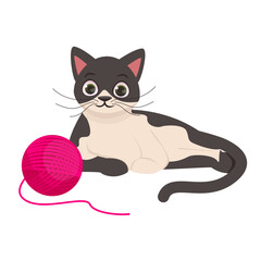 Cute black and white cat lies next to a pink ball of thread. Vector graphic.