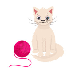Cute fluffy white cat sits next to a pink ball of thread. Vector graphic.