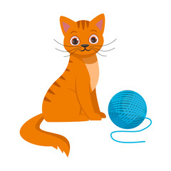 Cute ginger cat sits next to a blue ball of thread. Vector graphic.