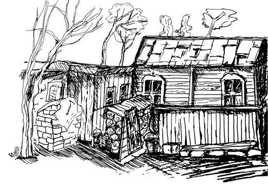 Sketch with  old house on a white background. Drawn by hand.