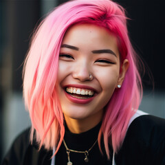 Happy Asian girl with pink hair and piercing in nose. Feels happy. Ethnicity, emotions. Generative AI.