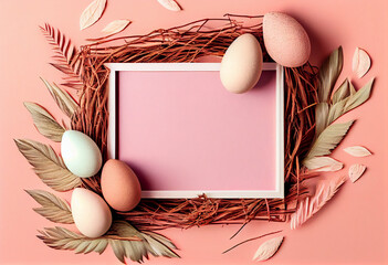 Frame. Easter eggs, feathers in a nest on a pastel red wooden background. The minimal concept. Top view. Card with a copy of the place for the text. Generative Ai.