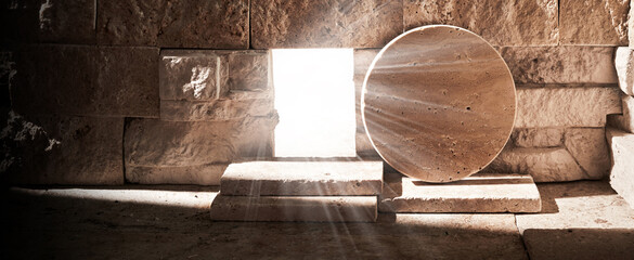 Light From Within The Tomb Of Jesus. Jesus Christ resurrection. Christian Easter concept.