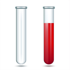 Glass laboratory test tube with blood. Blood test tube glass design. Empty tube without liquid. Laboratory glassware, biology, medicine and pharmaceuticals. Object on a white background. Vector EPS 10