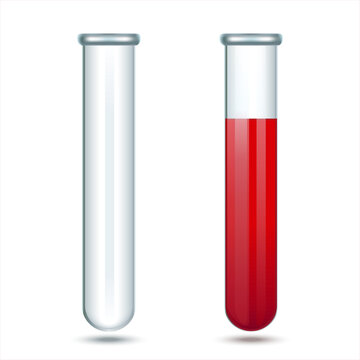 Glass laboratory test tube with blood. Blood test tube glass design. Empty tube without liquid. Laboratory glassware, biology, medicine and pharmaceuticals. Object on a white background. Vector EPS 10