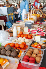 Cheeses of Russian cheese makers. Belper knoll cheese at the farm produce fair
